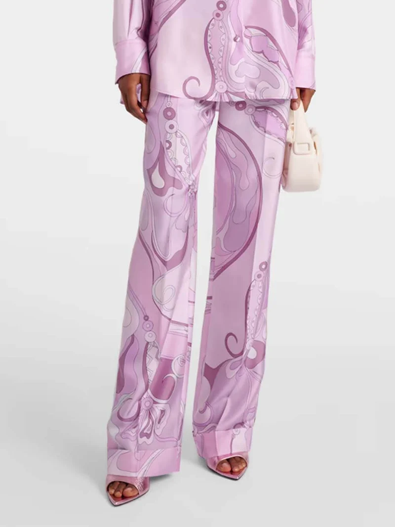 Exquisite Orchid Print Satin Twill Button Pocket Straight-Leg Pants