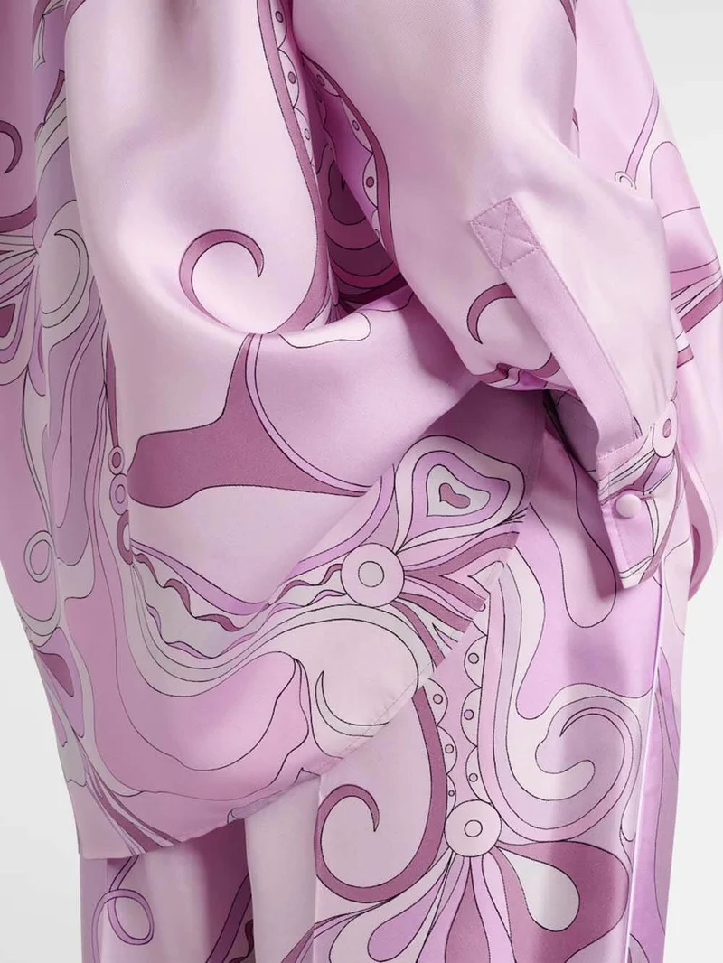 Exquisite Orchid Print Satin Twill Button Pocket Straight-Leg Pants