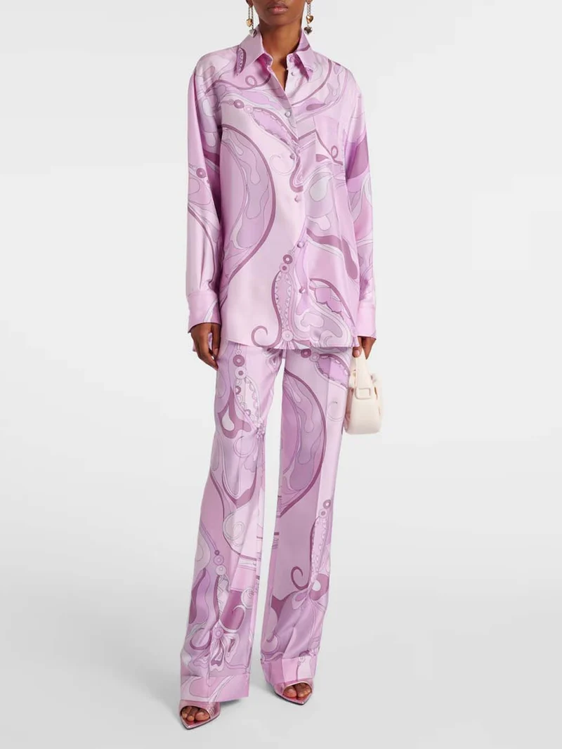 Exquisite Orchid Print Satin Twill Button Pocket Straight-Leg Pants