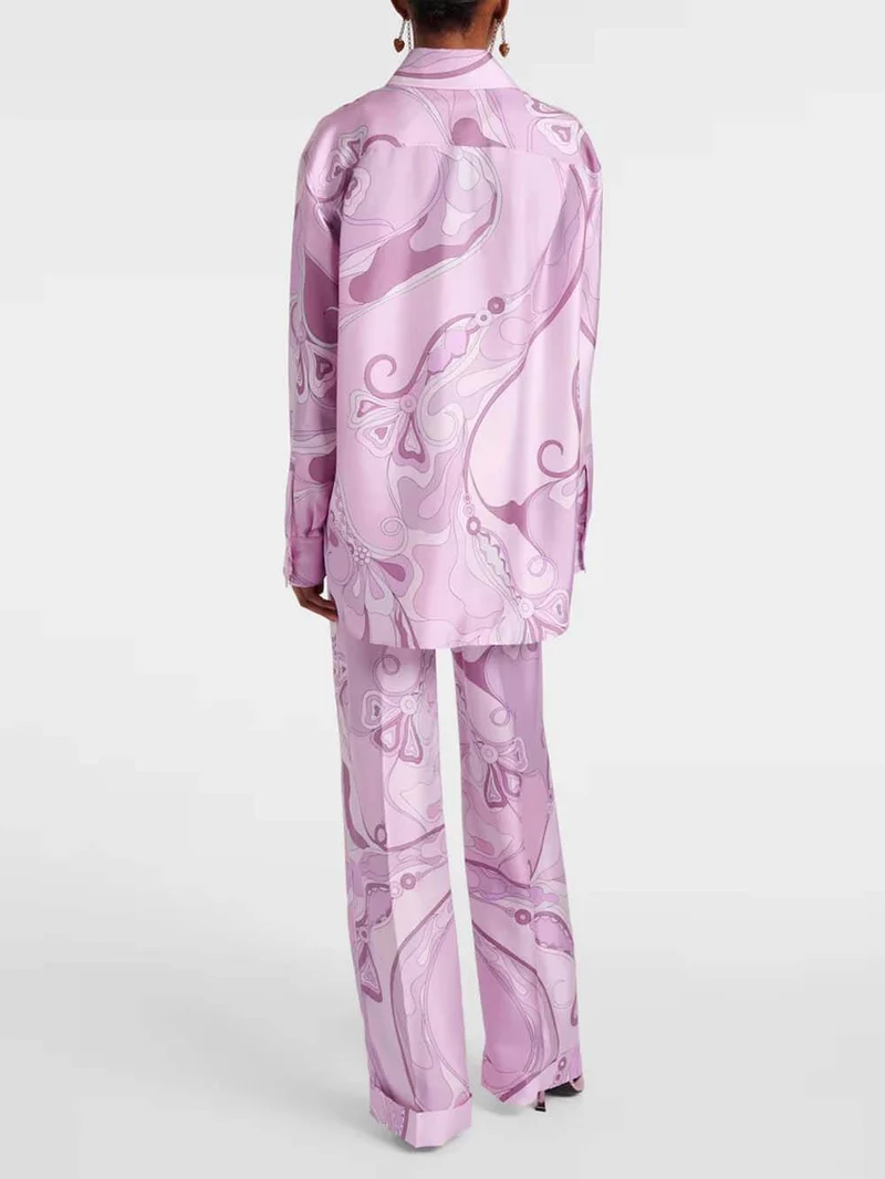 Exquisite Orchid Print Satin Twill Button Pocket Straight-Leg Pants