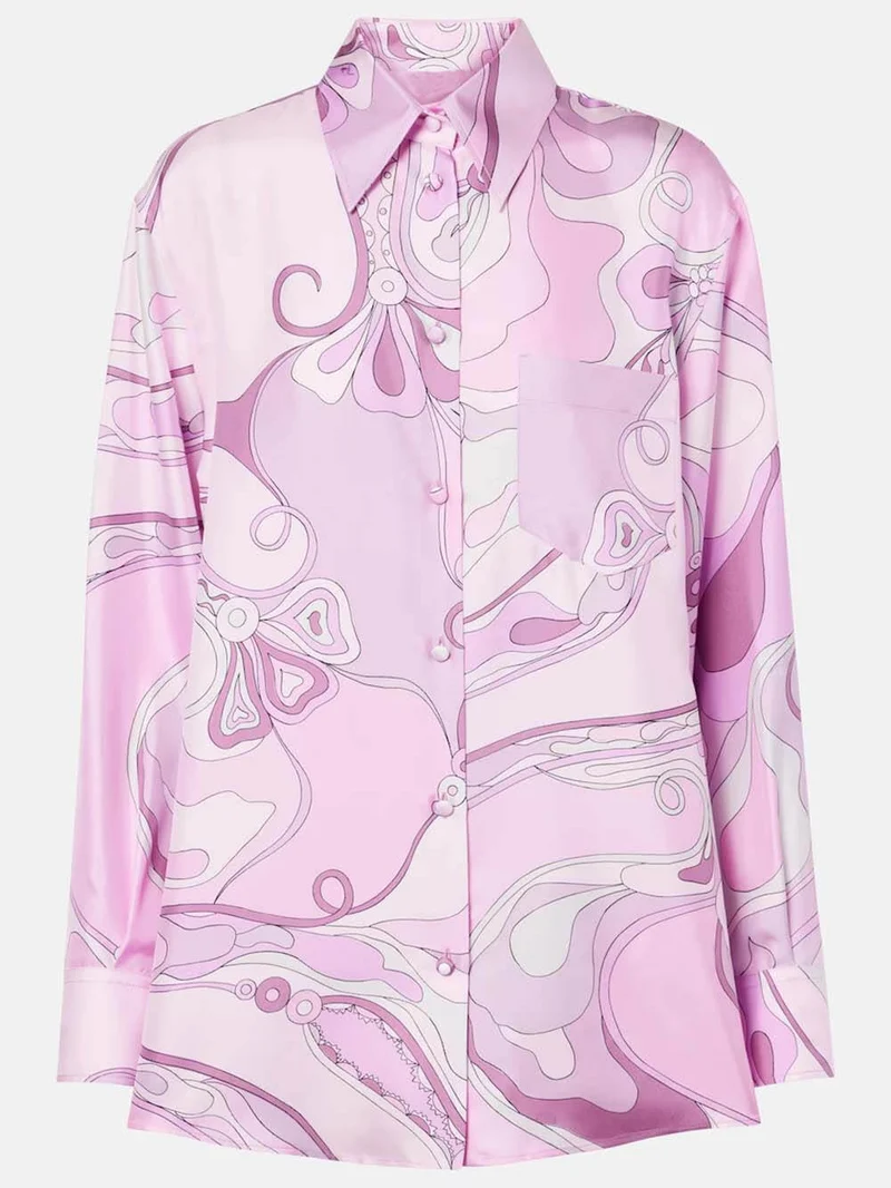 Exquisite Orchid Print Satin Twill Button-Down Oversized Shirt