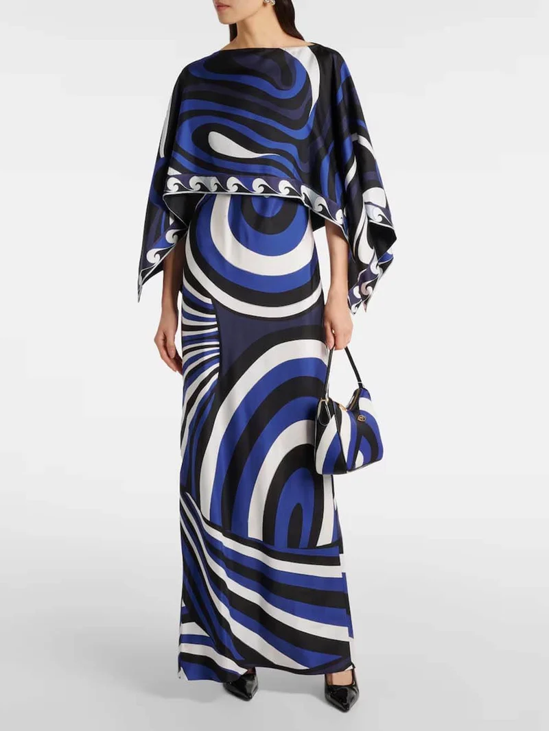 Exquisite Swirl Rainbow Print Maxi Dress and Loose Cape Top Set