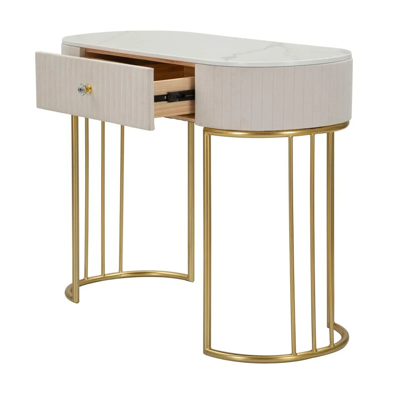 Table console crème avec pieds en métal doré (plateau en marbre)
