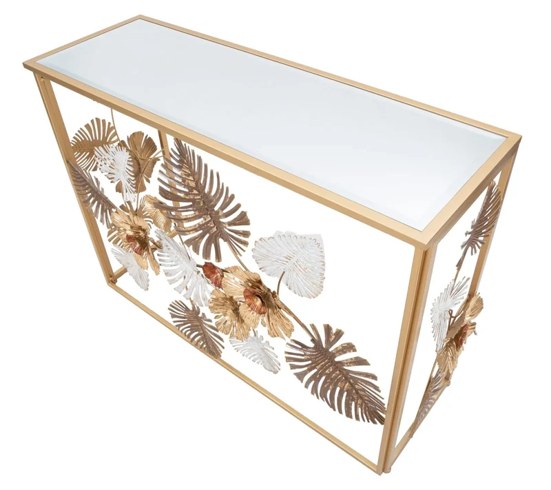 Table console en métal doré et verre avec décor de feuilles et de fleurs