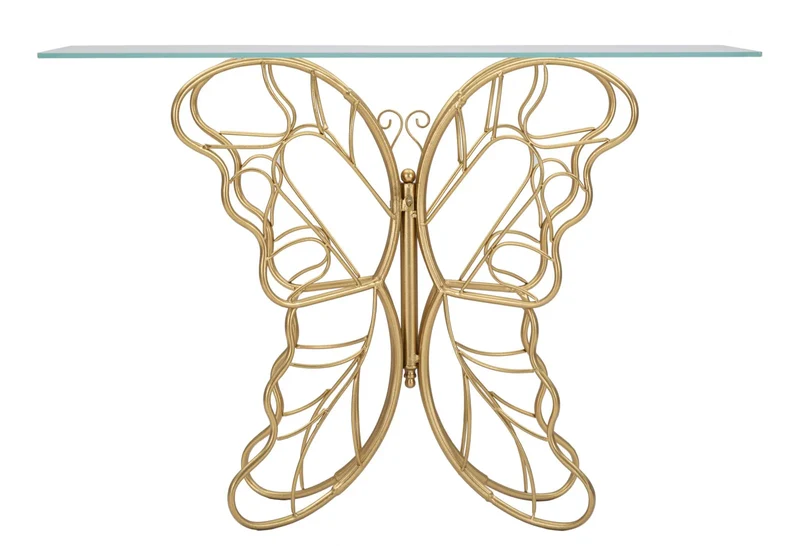 Table console en métal et verre avec papillon doré