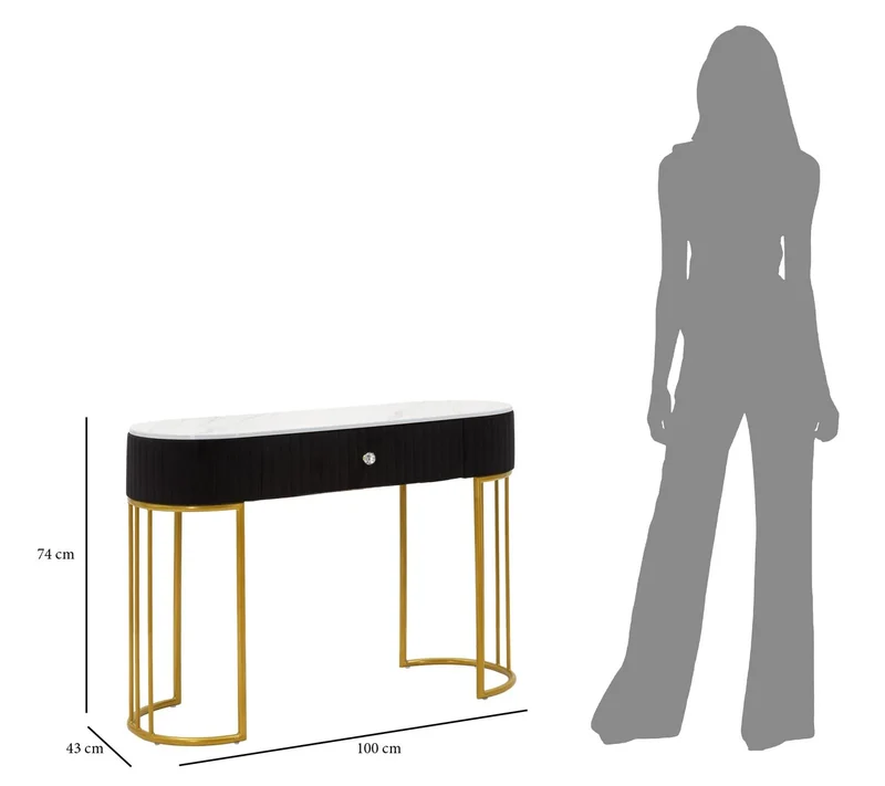 Table console noire avec pieds en métal doré (plateau en marbre)