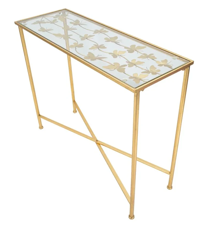 Table console rectangulaire en métal et verre doré (papillon)