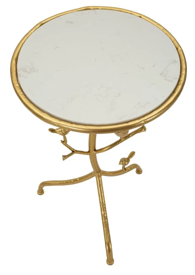 Table d'appoint ronde en marbre artificiel avec piètement arbre doré – Birds Modern Design