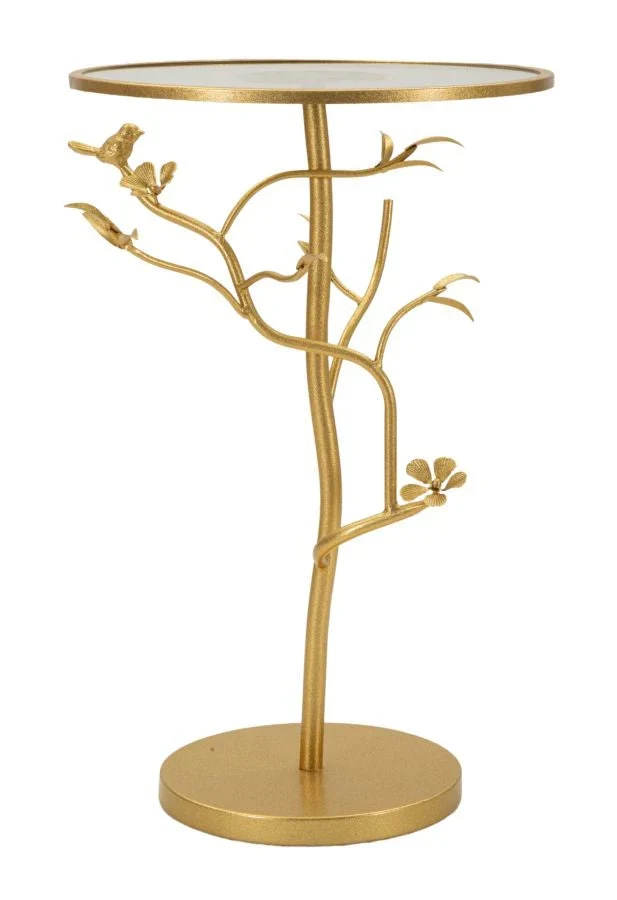 Table d'appoint ronde en verre avec piètement en forme d'arbre doré – Collection Birds
