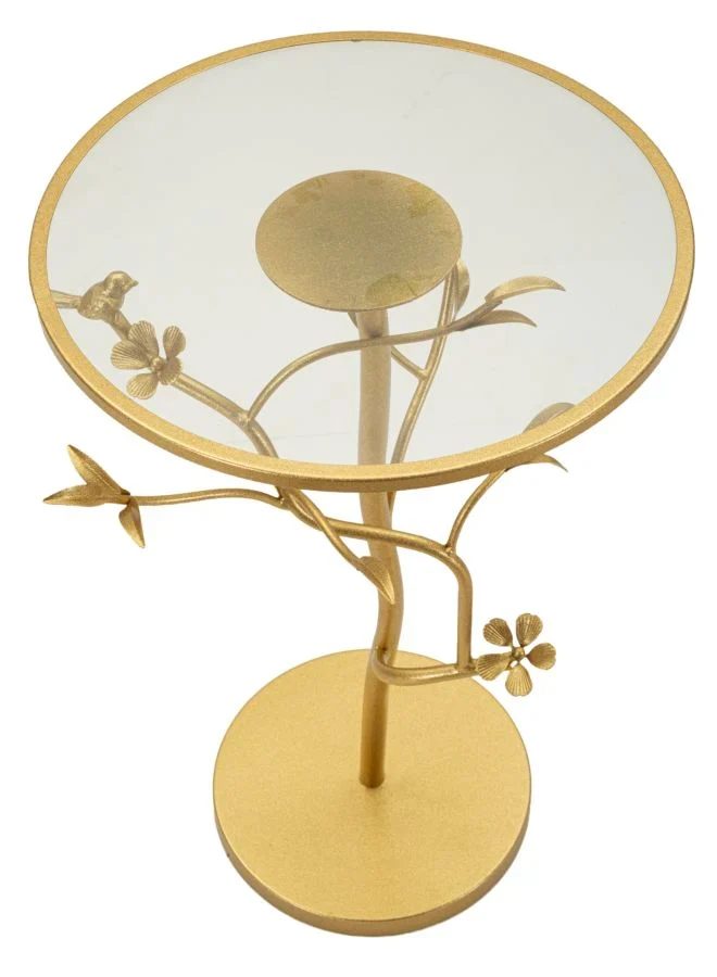 Table d'appoint ronde en verre avec piètement en forme d'arbre doré – Collection Birds