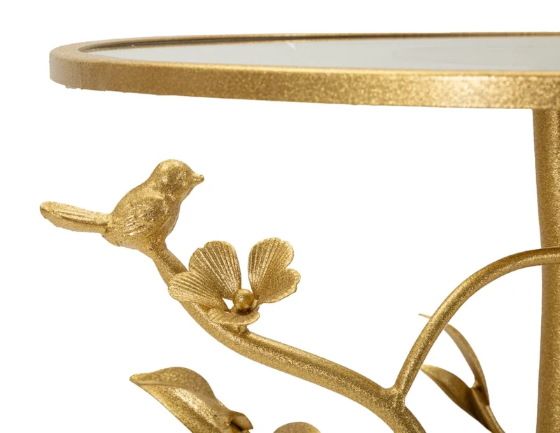Table d'appoint ronde en verre avec piètement en forme d'arbre doré – Collection Birds