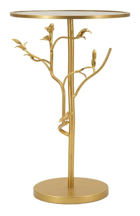 Table d'appoint ronde en verre avec piètement en forme d'arbre doré – Collection Birds