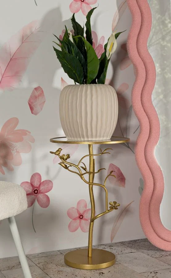 Table d'appoint ronde en verre avec piètement en forme d'arbre doré – Collection Birds