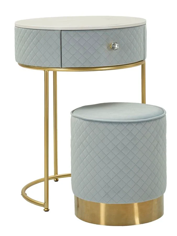 Table de chevet bleu clair avec pouf assorti et plateau en marbre – Coiffeuse Velit