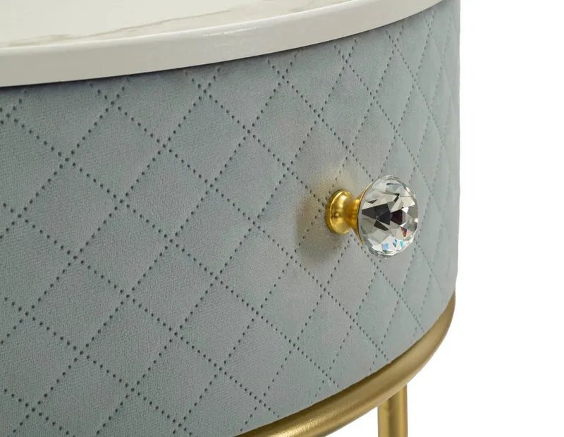 Table de chevet bleu clair avec pouf assorti et plateau en marbre – Coiffeuse Velit