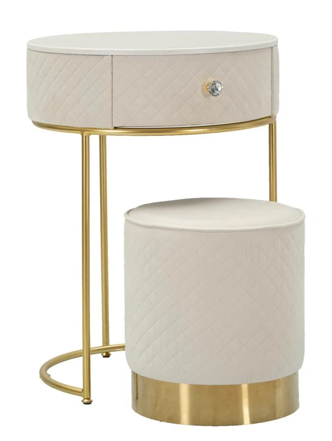 Table de chevet crème avec pouf assorti et plateau en marbre – Coiffeuse Velit