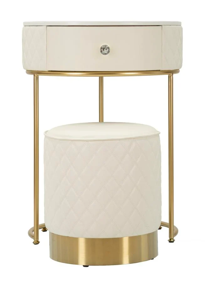 Table de chevet haute blanche avec tabouret – Ensemble moderne Sharon avec plateau en marbre