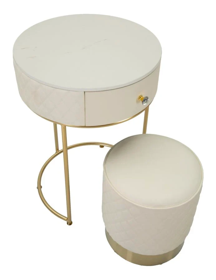 Table de chevet haute blanche avec tabouret – Ensemble moderne Sharon avec plateau en marbre