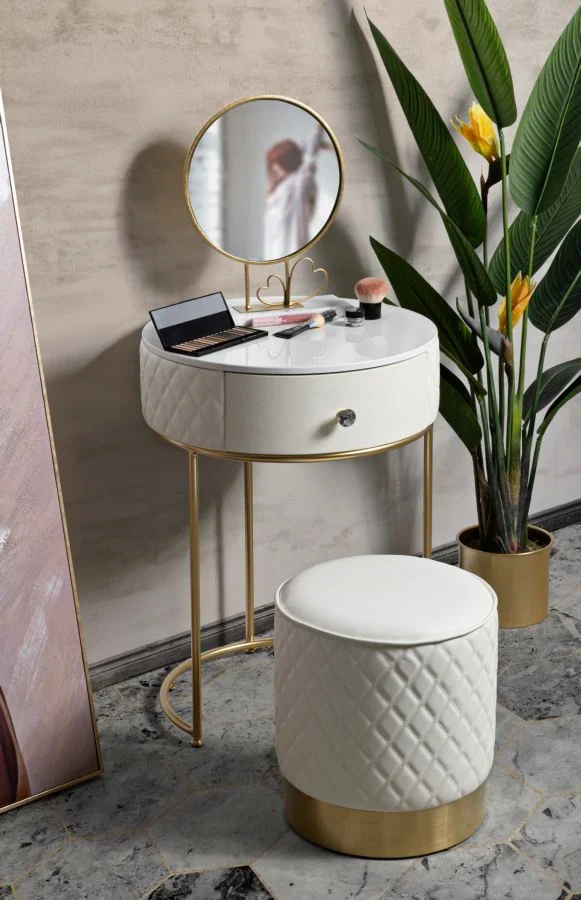 Table de chevet haute blanche avec tabouret – Ensemble moderne Sharon avec plateau en marbre