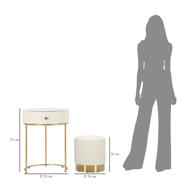 Table de chevet haute blanche avec tabouret – Ensemble moderne Sharon avec plateau en marbre