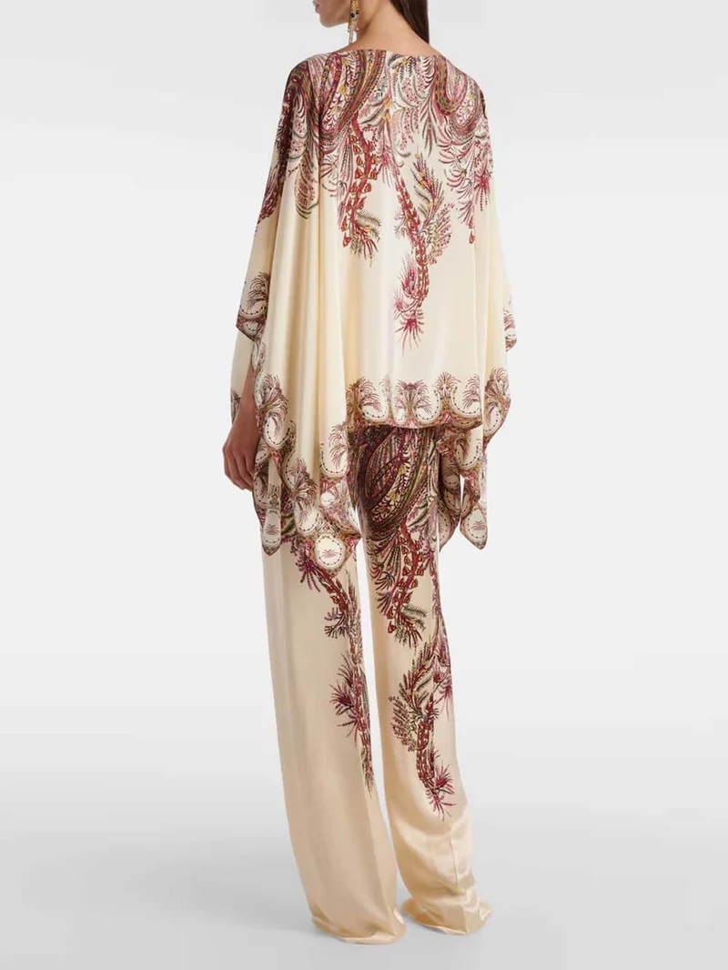 Exquisite Printed Satin Elastic Waist Loose Wide-Leg Pants