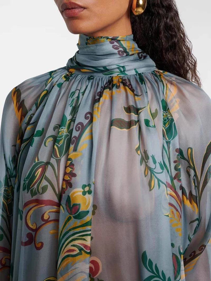 Delicate Floral Print Pleated Tie-Front Chiffon Blouse