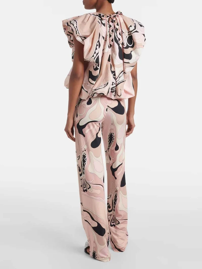 Exquisite Orchid Print Elastic Waist Straight-Leg Pants
