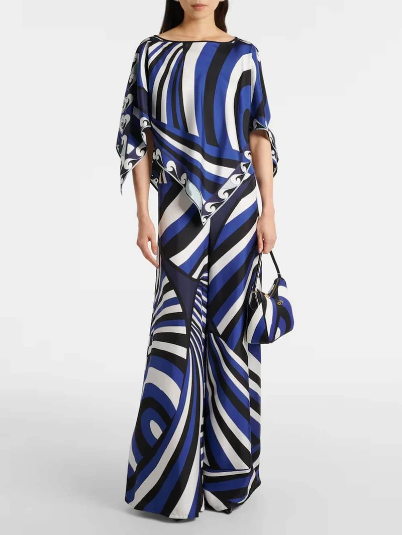 Unique Rainbow Print Satin Elastic Waist Loose Wide-Leg Pants