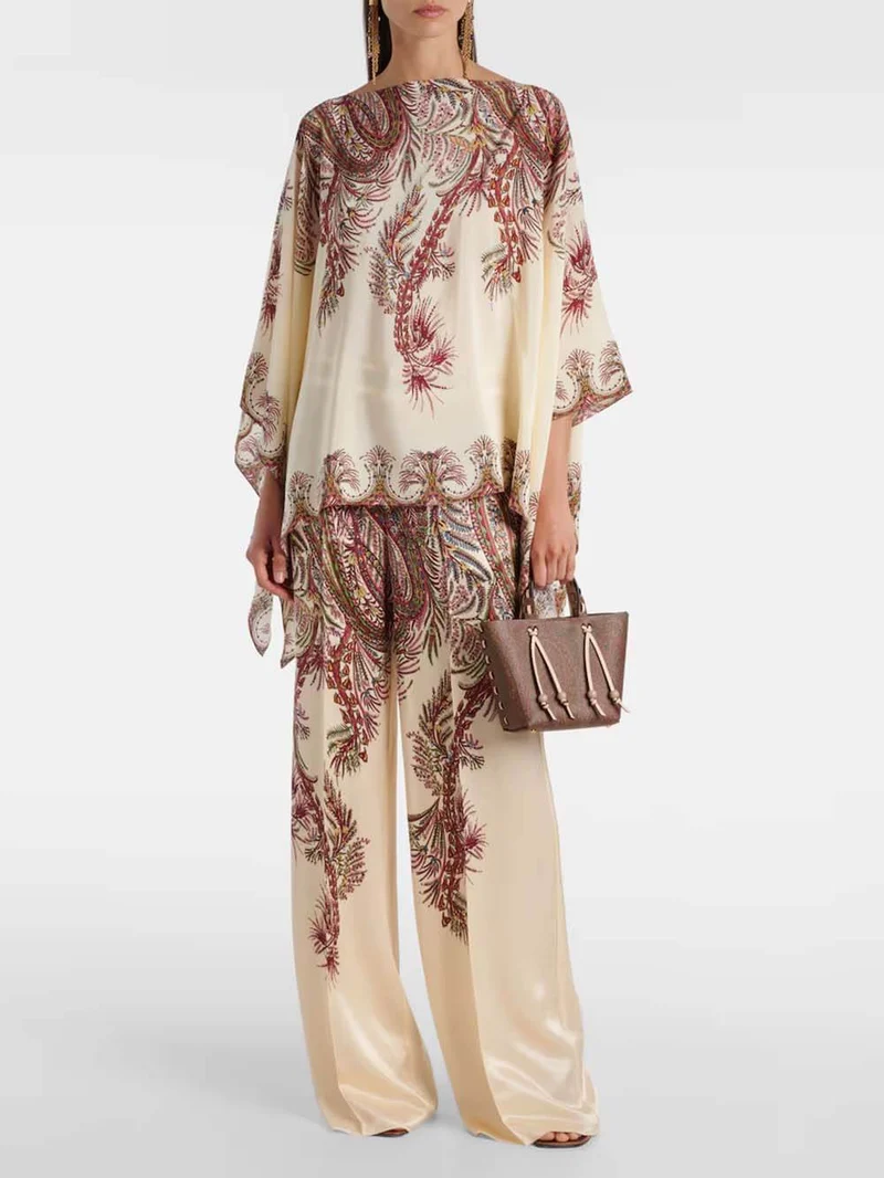 Exquisite Asymmetric Print Satin Double-Chiffon Cape Top