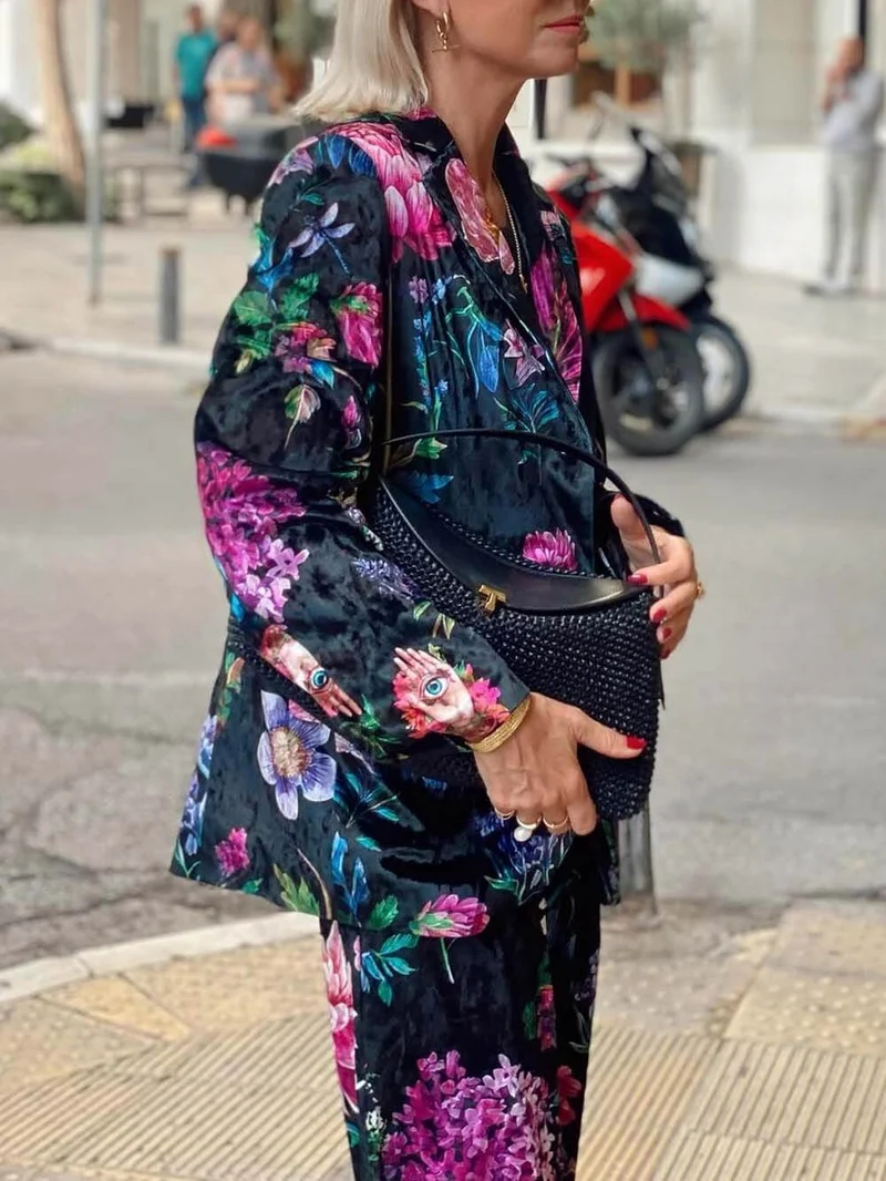 Retro Floral Print Blazer & High-Waist Wide-Leg Pants Set