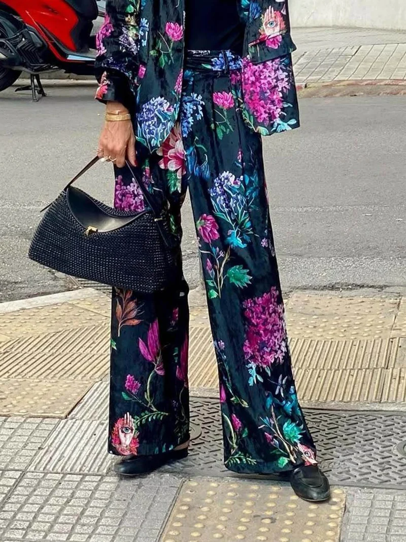 Retro Floral Print Blazer & High-Waist Wide-Leg Pants Set
