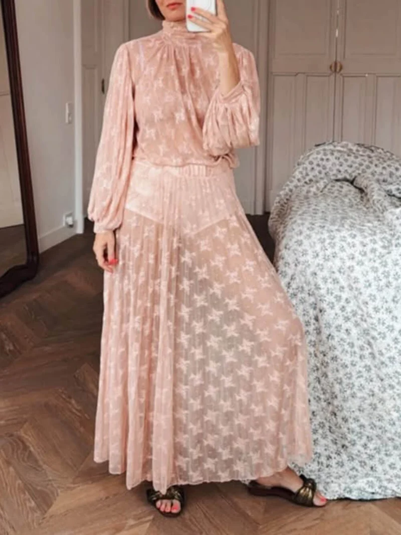 Elegant Mesh Pleated Lace High-Neck Blouse