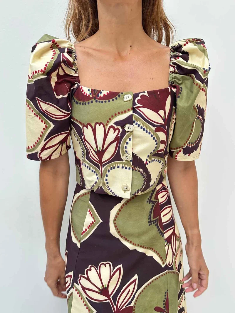 Elegant Retro Floral Puff Sleeve Skirt Two-Piece Set