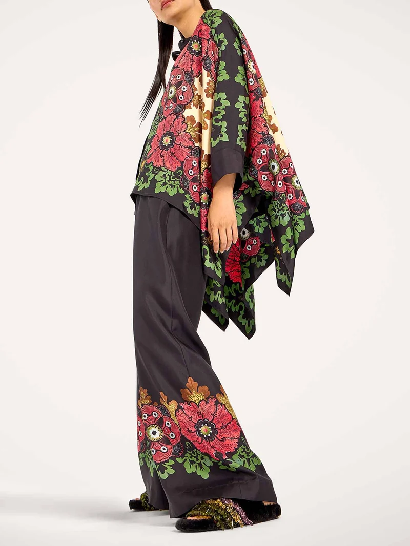 Exquisite Satin Floral Print Kimono Shirt