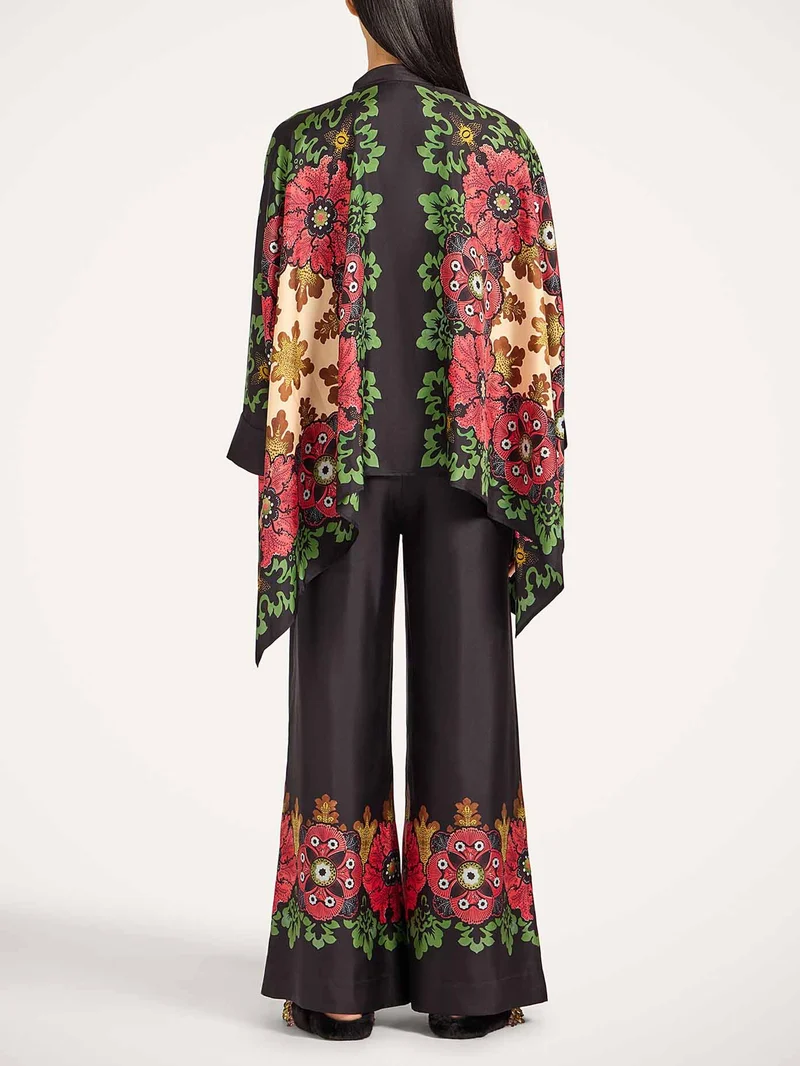 Exquisite Satin Floral Border Wide-Leg Pants
