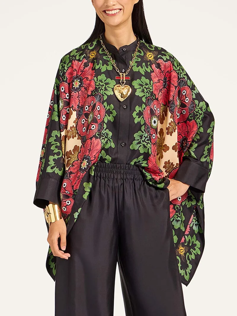 Exquisite Satin Floral Print Kimono Shirt Two-Piece Set