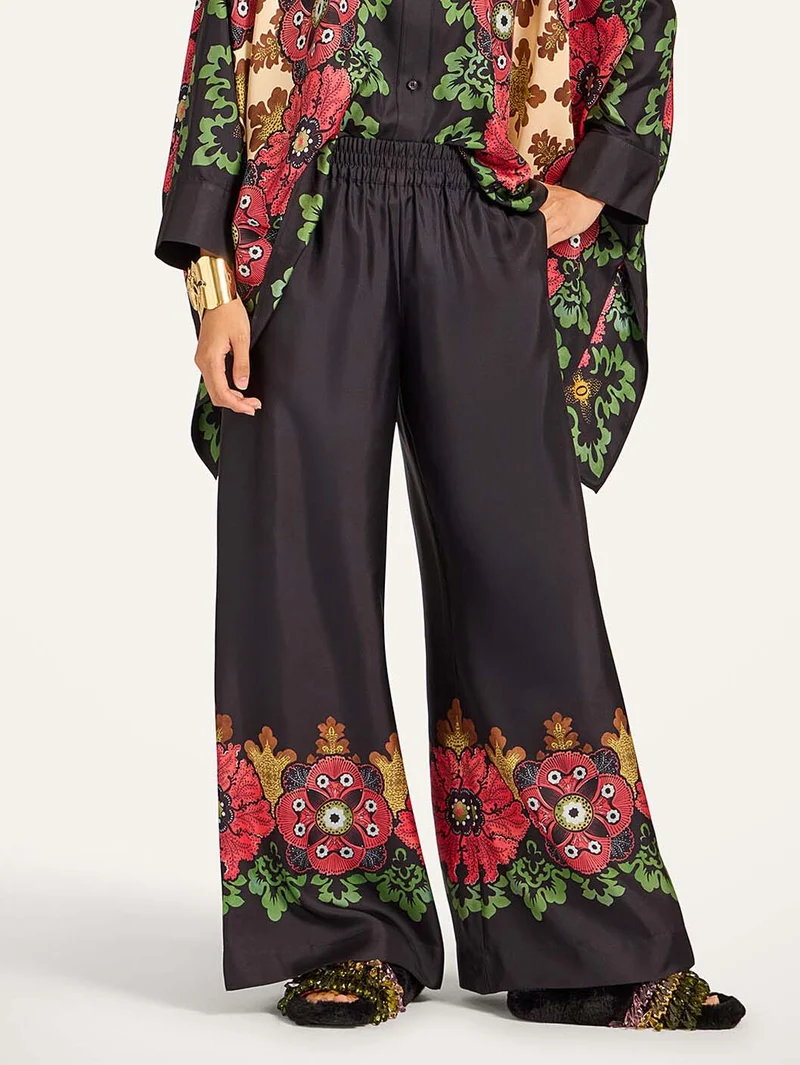 Exquisite Satin Floral Print Kimono Shirt Two-Piece Set