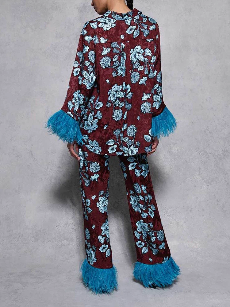 Retro Floral Print Satin Feather Sleeve Shirt
