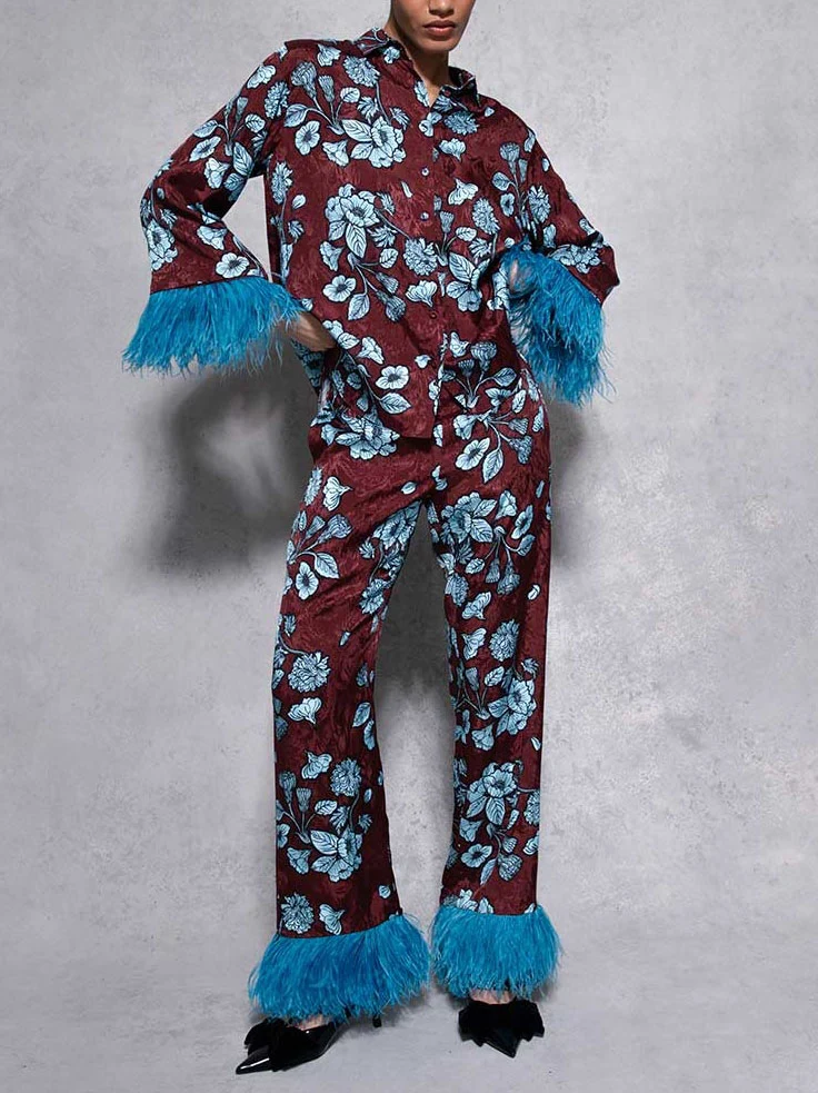 Retro Floral Print Satin Feather Wide-leg Pants