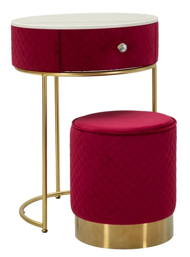 Table de chevet rouge avec pouf assorti et plateau en marbre – Coiffeuse Velit