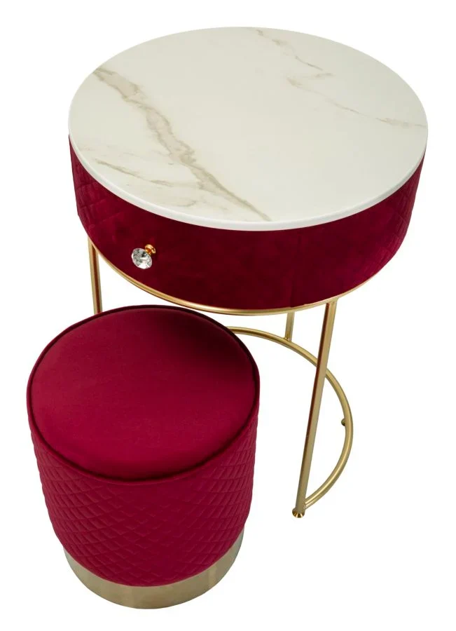 Table de chevet rouge avec pouf assorti et plateau en marbre – Coiffeuse Velit
