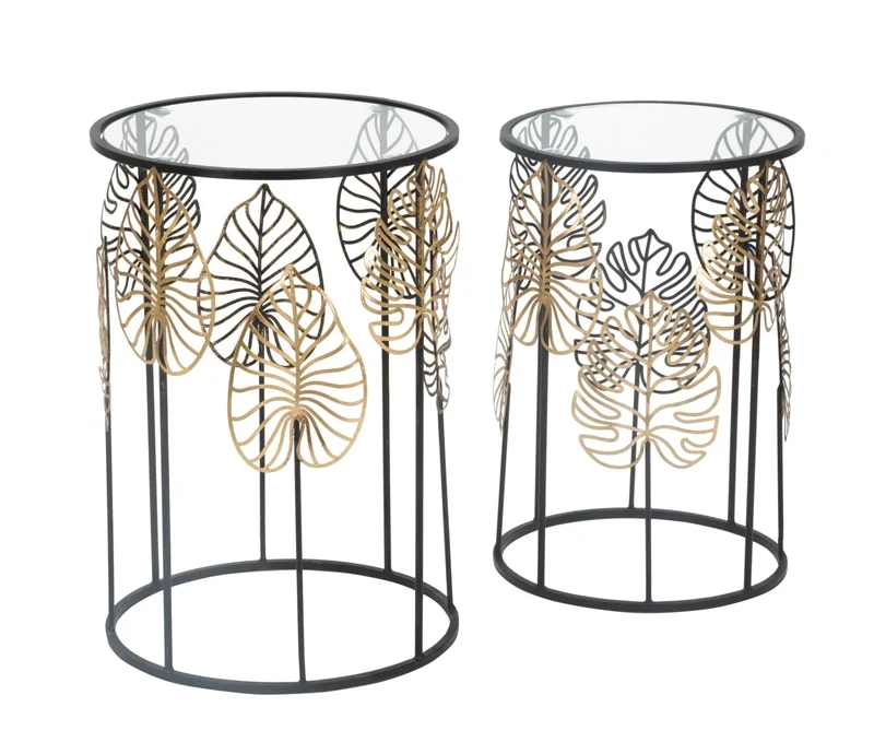Table d’appoint en métal noir et verre avec décor de feuilles en paire