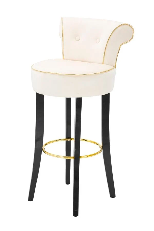 Tabouret de bar en velours crème avec pieds en bois noir et détails dorés
