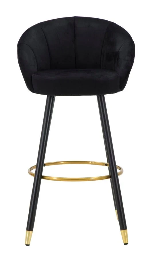 Tabouret de bar en velours noir avec pieds en bois noir et détails dorés