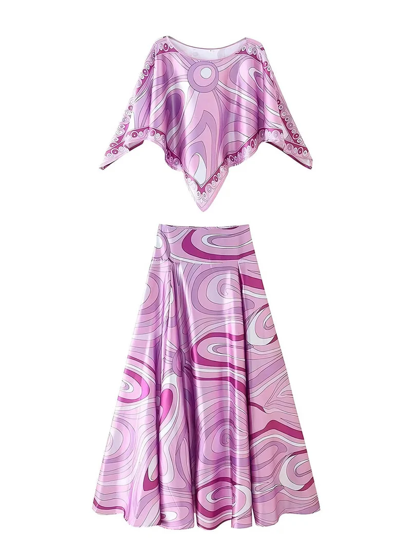 Casual Satin Placement Print Cape Top And Flared Skirt Set