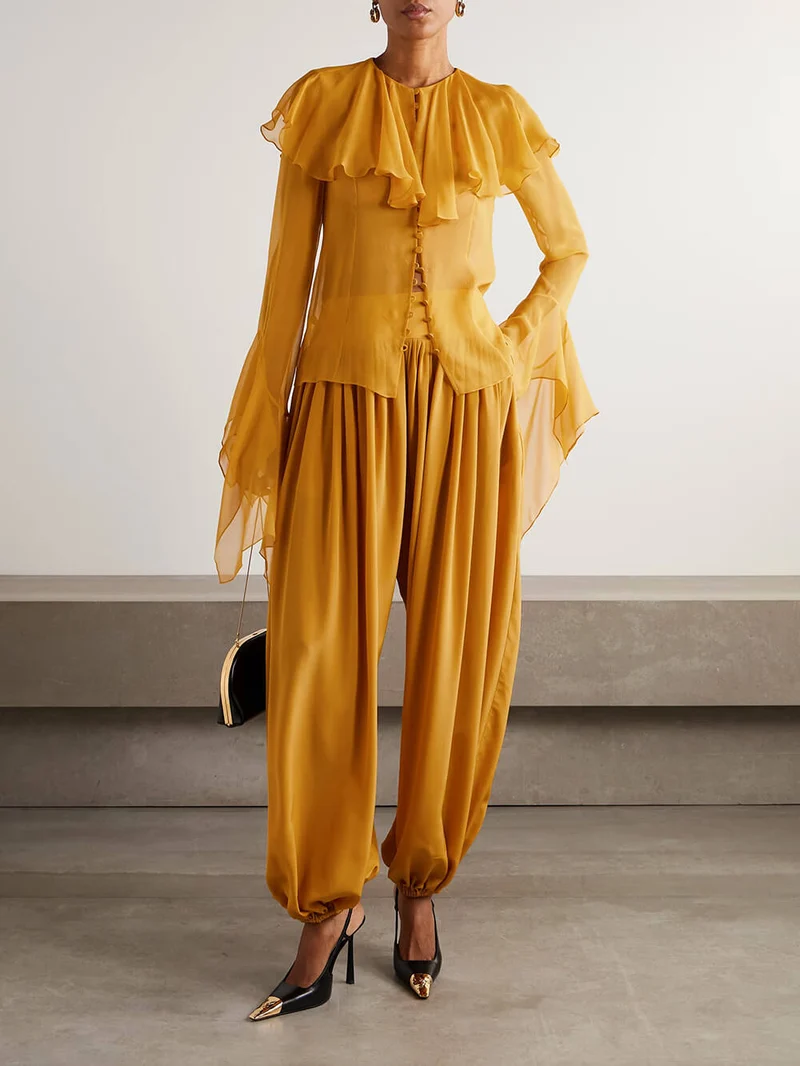 Elegant Pleated Satin Pocket Tapered Pants