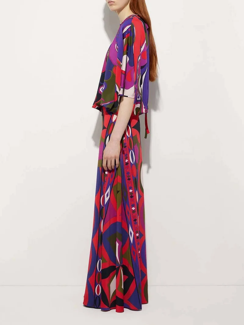 Unique Satin Rainbow Print Round-Neck Tie-Down Loose Blouse