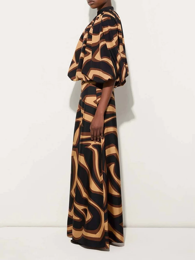 Unique Swirl Print Satin Twill High-Waist Wide-Leg Pants