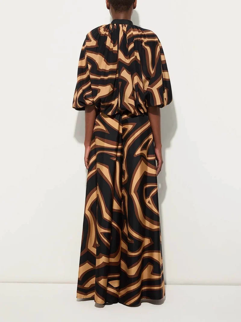 Unique Swirl Print Satin Twill High-Waist Wide-Leg Pants