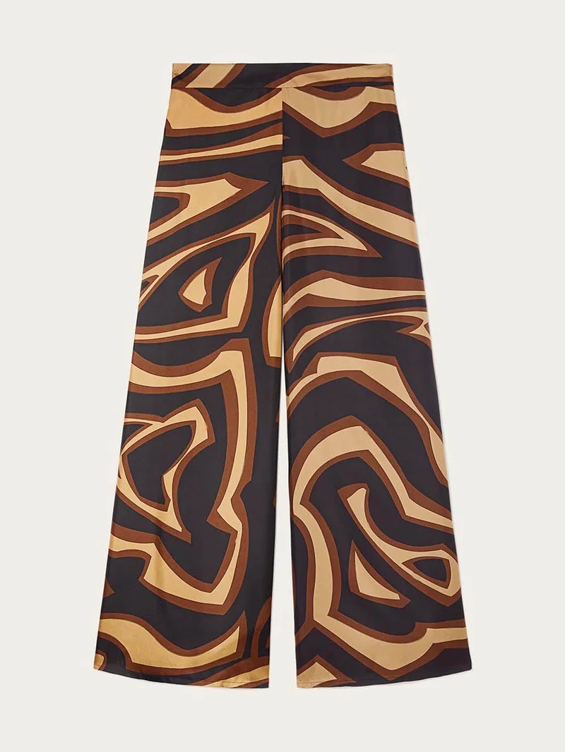 Unique Swirl Print Satin Twill High-Waist Wide-Leg Pants